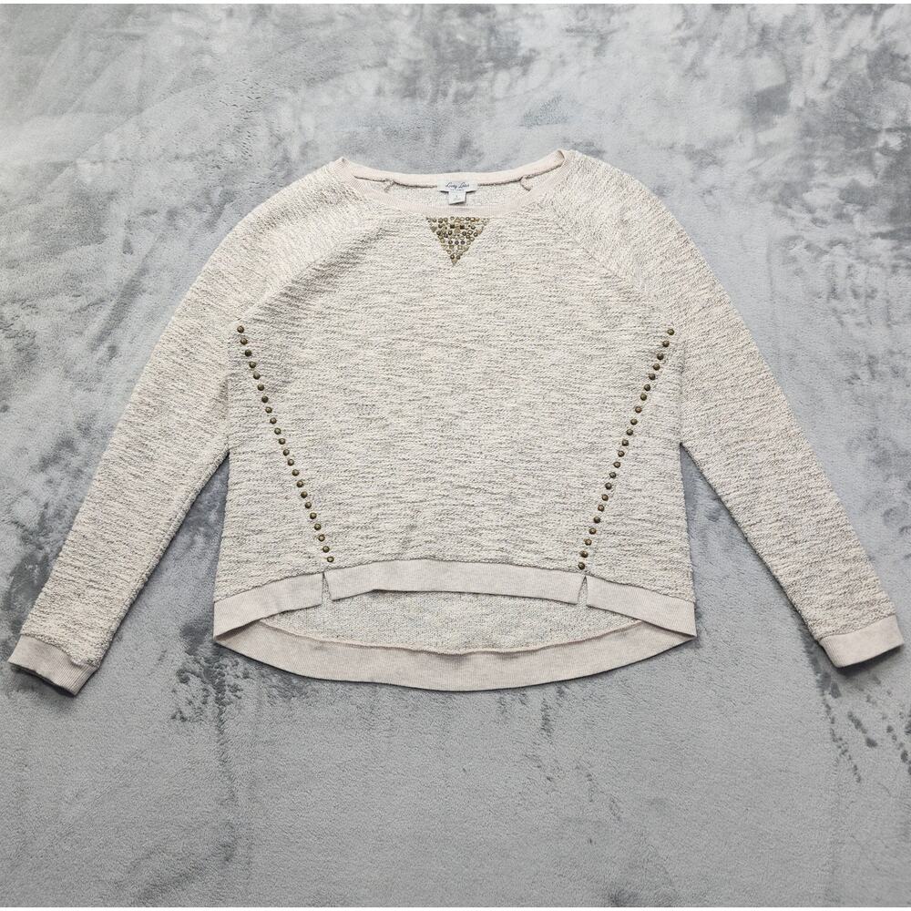 Lucky Lotus Sweater Womens‎ L Cream Metallic Knit Studded Pullover High Low Hem